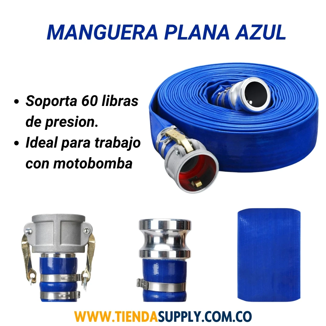 Manguera plana azul de 1 12 pulgadas con conectores metálicos, ideal para motobombas. Incluye manguera enrollada y accesorios.