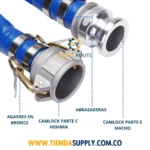 Manguera plana azul de 1 1/2 pulgadas con abrazaderas en bronce y conectores macho y hembra tipo camlock, para transferencia de agua con alta resistencia y flexibilidad.