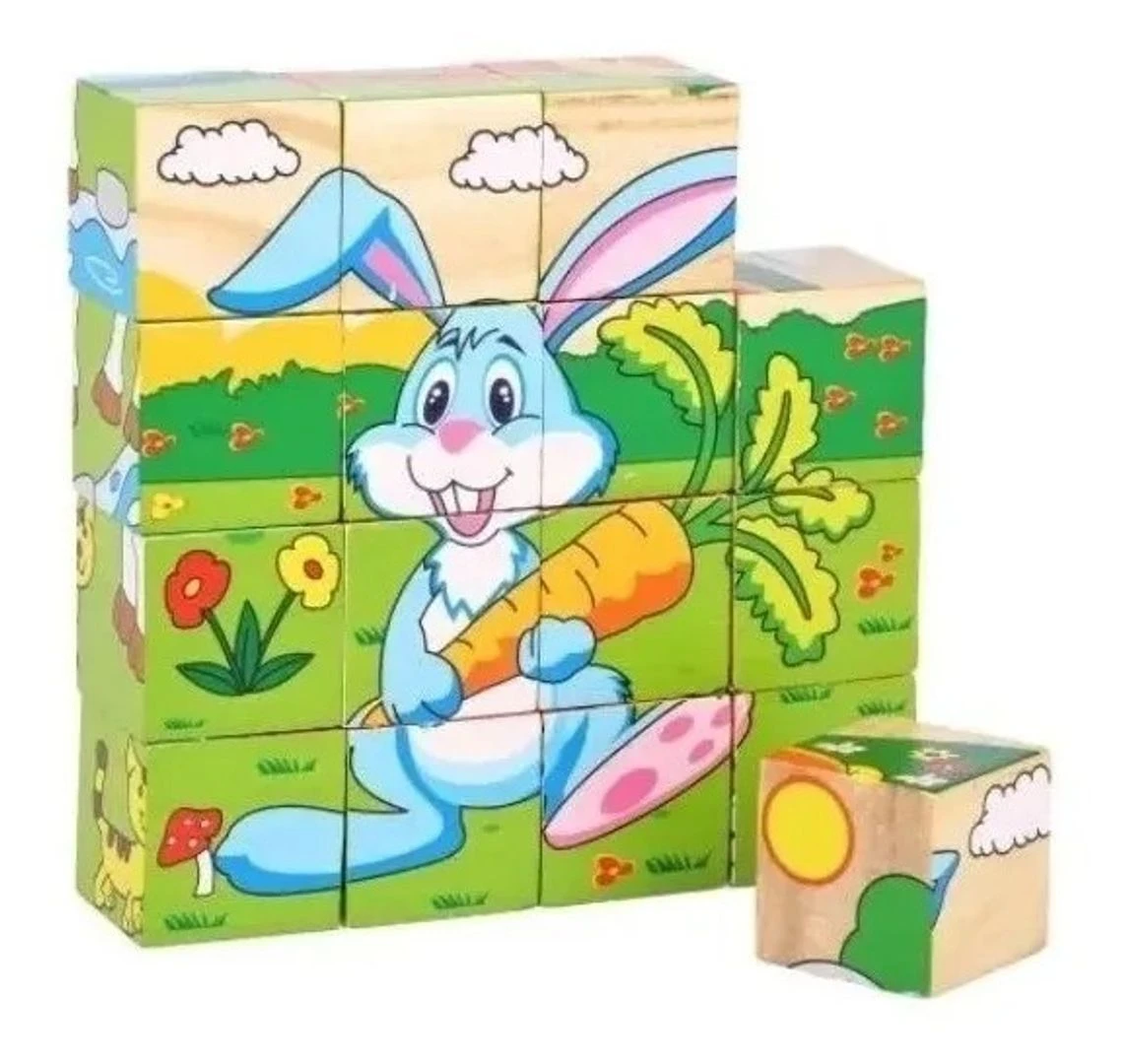 Rompecabezas infantil en madera con dibujo de conejo azul sosteniendo zanahoria, montañas, flores y sol. Bloques apilados mostrando escena completa.