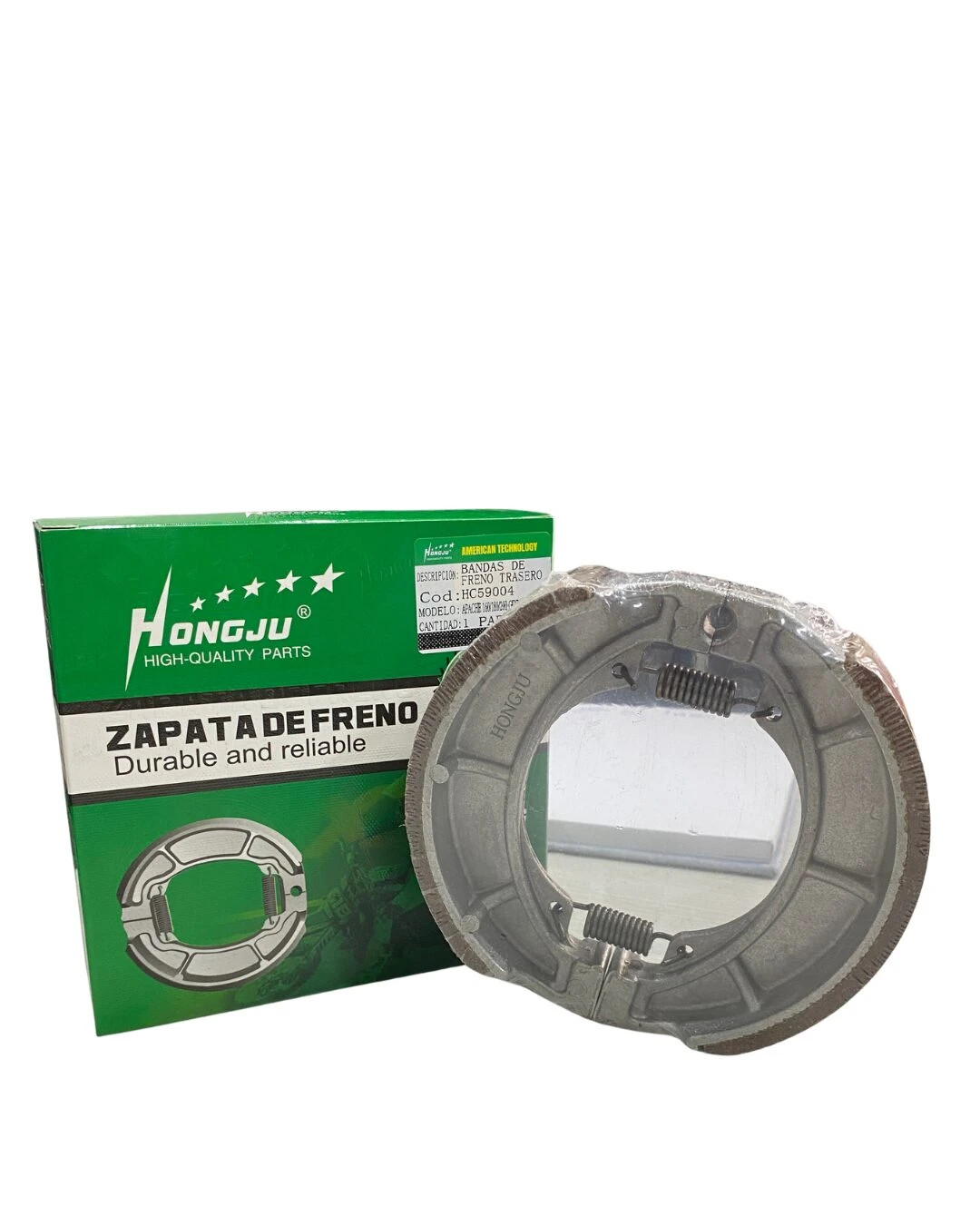 Pack de dos bandas de freno traseras Hongju, con caja verde y producto envuelto en plástico transparente, mostrando estructura metálica y superficie de fricción.