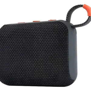 Parlante Bluetooth G04 compacto en color negro con textura tejida, mango naranja y botones visibles en la parte superior.