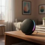 Parlante Bluetooth M26 negro con luces LED multicolor en lateral, sobre mesa de madera en sala.