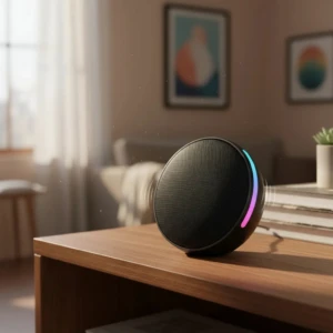 Parlante Bluetooth M26 negro con luces LED multicolor en lateral, sobre mesa de madera en sala.