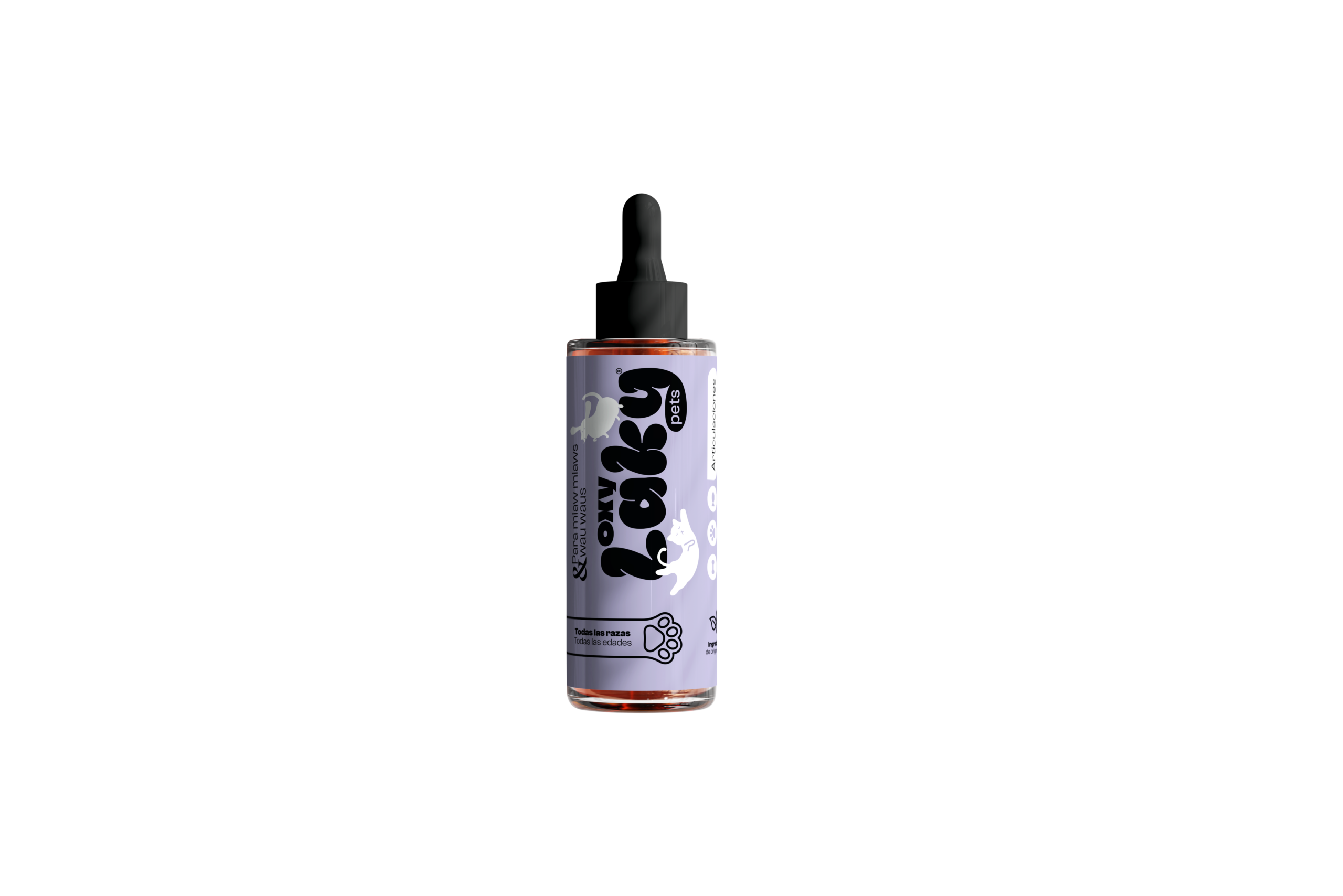 Bote de suplemento Oxylaky Pets para articulaciones, con etiqueta morada y tapa negra, mostrando nombre y logo en frontal.
