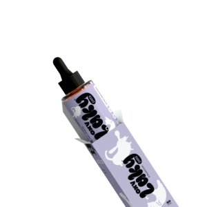 Tubo de Oxylaky Pets para articulaciones, color lila con diseño de gato blanco y texto negro, aplicador negro en la punta.