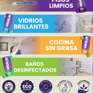 Banner promocional del kit de limpieza Mukin, mostrando cuatro secciones horizontales con fondos de colores distintos: pisos limpios, vidrios brillantes, cocina sin grasa y baños desinfectados. Cada sección incluye una botella del producto con etiqueta visible y una escena de uso correspondiente. En la parte inferior, cinco sellos circulares destacan atributos como eco-friendly, tecnología innovadora, no animal testing y sostenible.