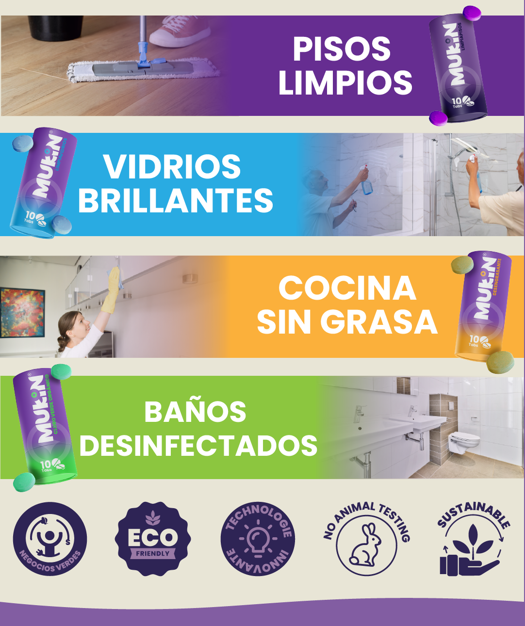 Banner promocional del kit de limpieza Mukin, mostrando cuatro secciones horizontales con fondos de colores distintos: pisos limpios, vidrios brillantes, cocina sin grasa y baños desinfectados. Cada sección incluye una botella del producto con etiqueta visible y una escena de uso correspondiente. En la parte inferior, cinco sellos circulares destacan atributos como eco-friendly, tecnología innovadora, no animal testing y sostenible.