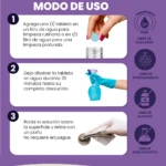 Instrucciones de uso del kit de limpieza Mukin: agregar tableta, disolver y rociar sin enjuague. Libres de fosfatos, petroquímicos, alcohol y soda cáustica.