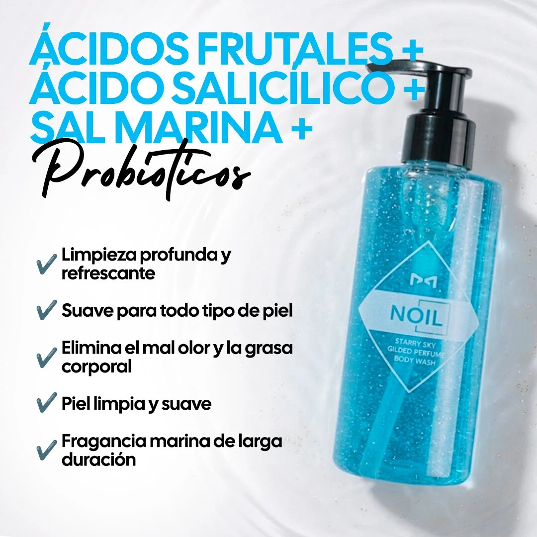 Botella de gel de ducha Noil en tono azul brillante con partículas brillantes, dispensador negro y etiqueta frontal que indica “NOIL” y “Starry Sky Glowing Perfumed Body Wash”. Texto promocional en español sobre ingredientes como ácidos frutales, ácido salicílico, sal marina y probióticos, junto a beneficios visuales como limpieza profunda, suavidad para todo tipo de piel, eliminación de mal olor y grasa corporal, piel limpia y suave, y fragancia marina duradera. Fondo blanco con efecto de agua.