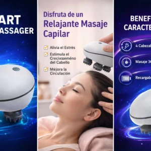 Masajeador capilar eléctrico blanco con cuatro cabezas giratorias, diseñado para aliviar el estrés y mejorar la circulación del cuero cabelludo.