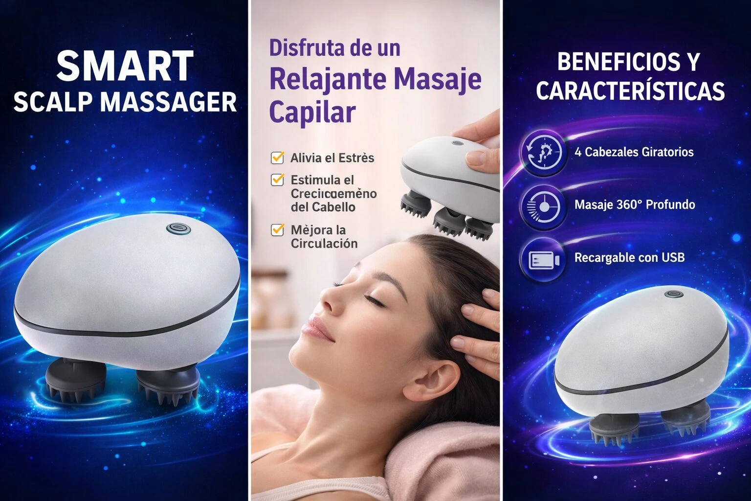 Masajeador capilar eléctrico blanco con cuatro cabezas giratorias, diseñado para aliviar el estrés y mejorar la circulación del cuero cabelludo.