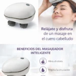 Masajeador capilar eléctrico blanco con cabezales de silicona, en uso sobre cuero cabelludo y en mano, con texto descriptivo de beneficios.
