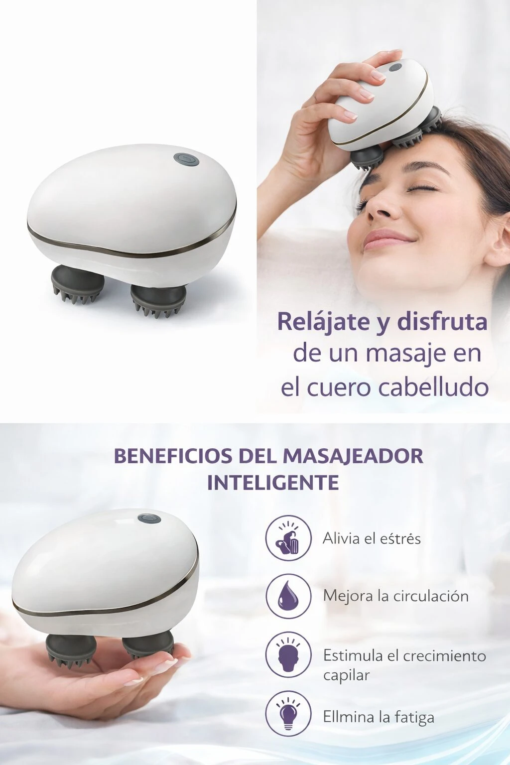 Masajeador capilar eléctrico blanco con cabezales de silicona, en uso sobre cuero cabelludo y en mano, con texto descriptivo de beneficios.