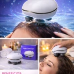 Masajeador capilar eléctrico blanco con cabezales de silicona, en uso sobre cuero cabelludo; incluye caja azul y accesorios en presentación de regalo.