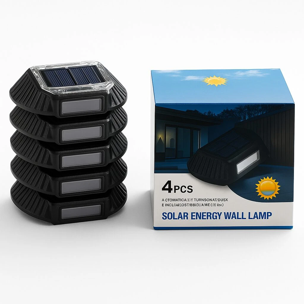 Set de cuatro lámparas solares negras con panel superior y luz frontal, mostradas junto a su caja que indica uso exterior nocturno.