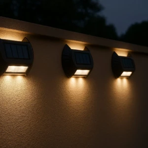 Tres lámparas solares exteriores de color negro instaladas en pared texturizada, emitiendo luz cálida en ambiente nocturno.
