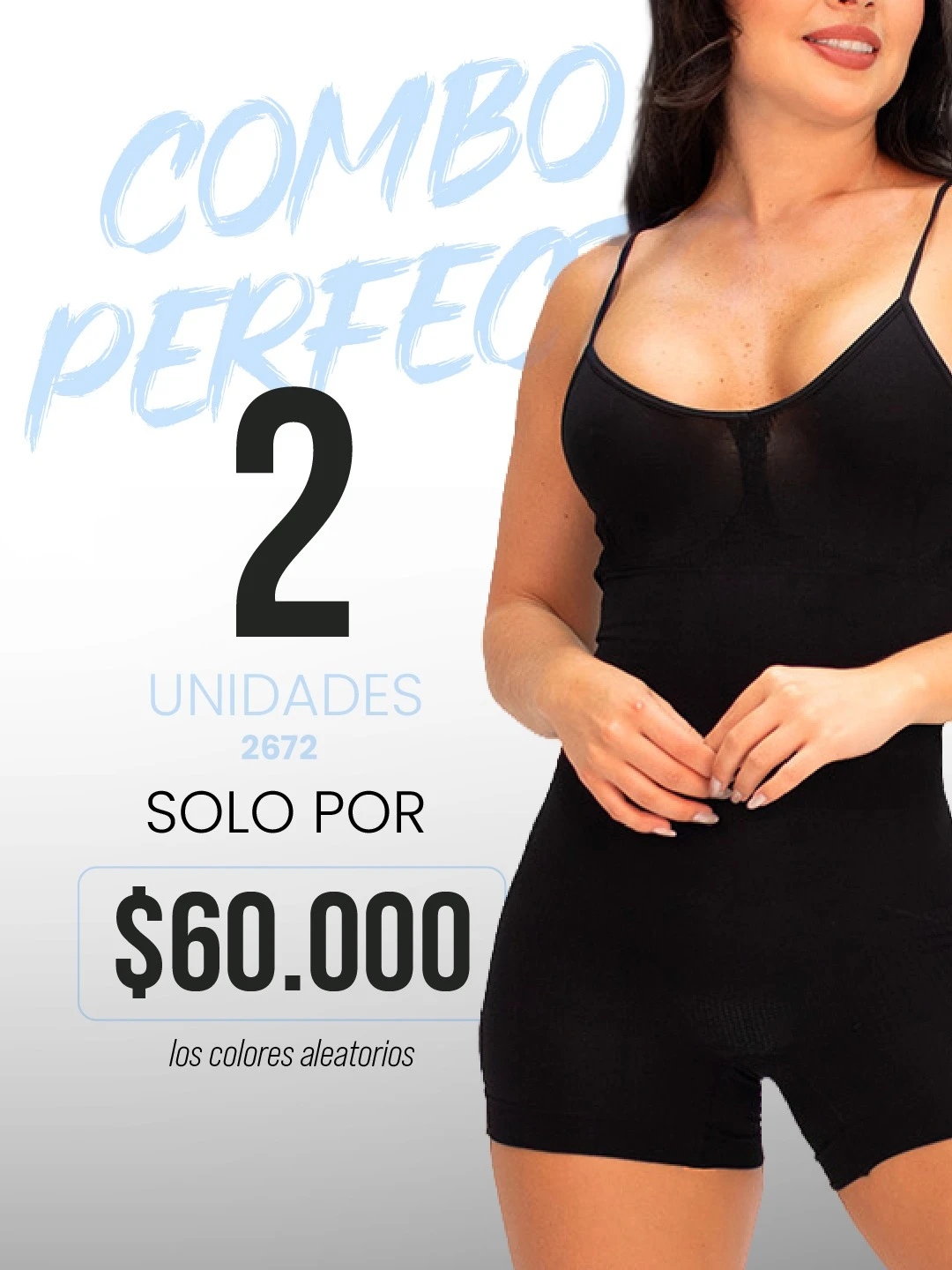 Faja negra tejida de contención, vista frontal parcial con modelo mostrando ajuste en torso y cadera, ideal para realzar silueta y mejorar postura.