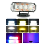 Barra LED Federal con cuatro lupas, vista frontal y demostración de luces en blanco, amarillo, azul y rojo para uso todoterreno.