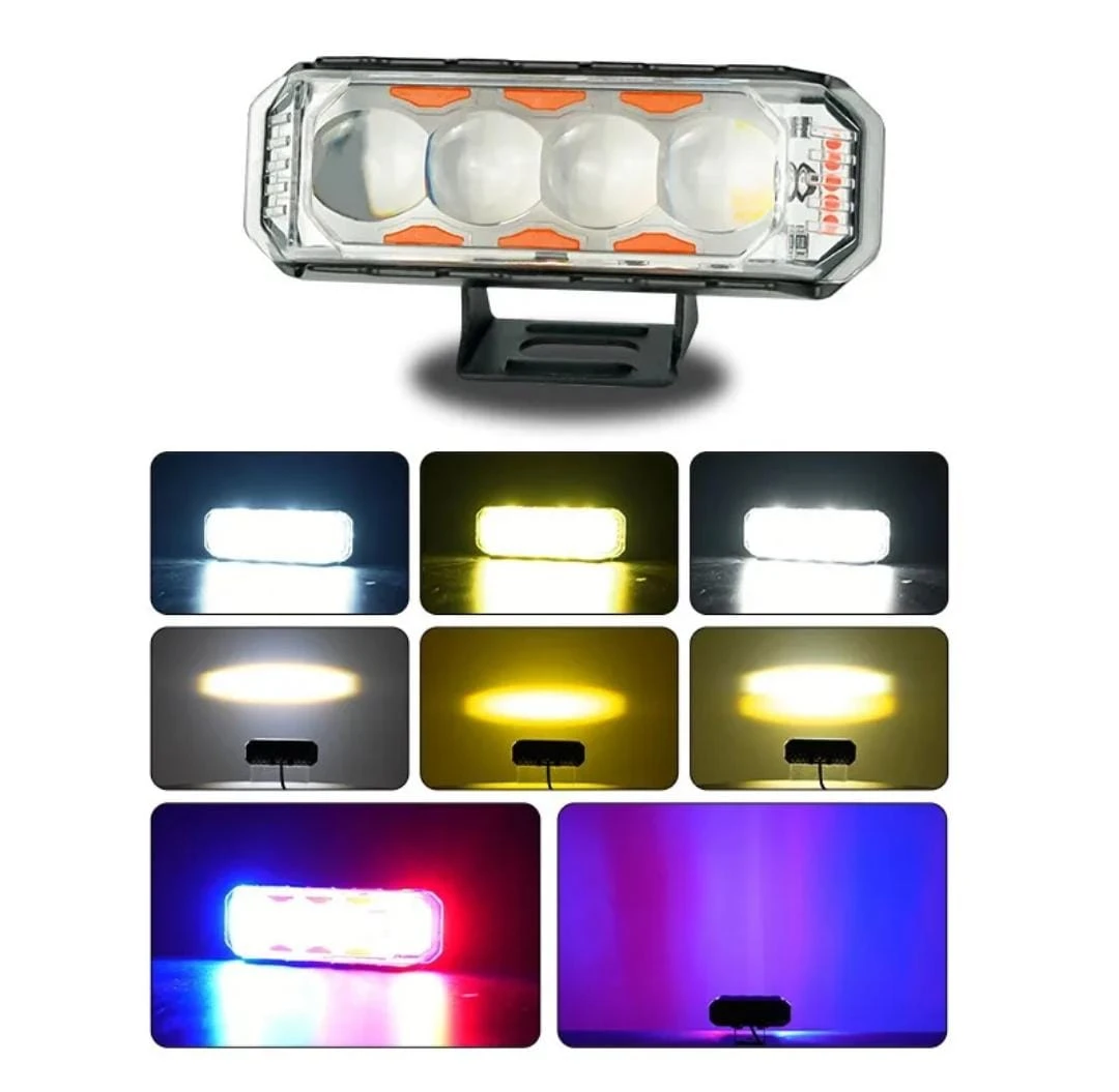 Barra LED Federal con cuatro lupas, vista frontal y demostración de luces en blanco, amarillo, azul y rojo para uso todoterreno.