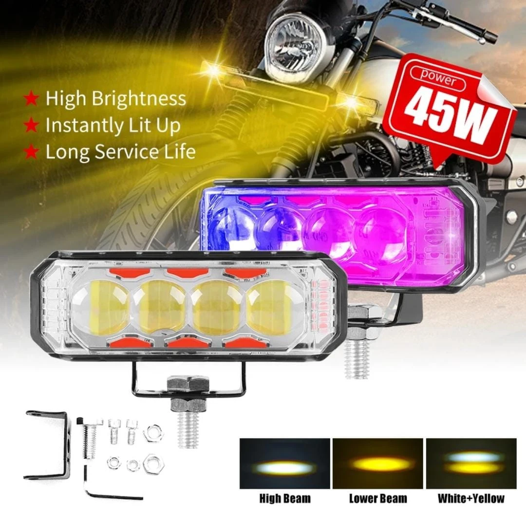 Barra LED de 4 lupas con luz amarilla y blanca, montada en motocicleta. Incluye soporte metálico y accesorios. Alta luminosidad y vida útil prolongada.