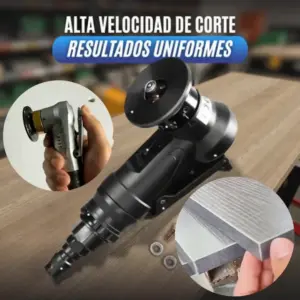 Herramienta neumática de biselado con cabezal de tungsteno, en uso sobre madera, mostrando corte preciso y detalles del mecanismo.