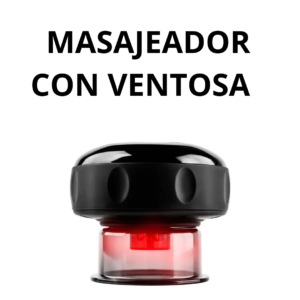 Masajeador con ventosa negro y base transparente, emitiendo luz roja, diseñado para alivio muscular y relajación corporal.