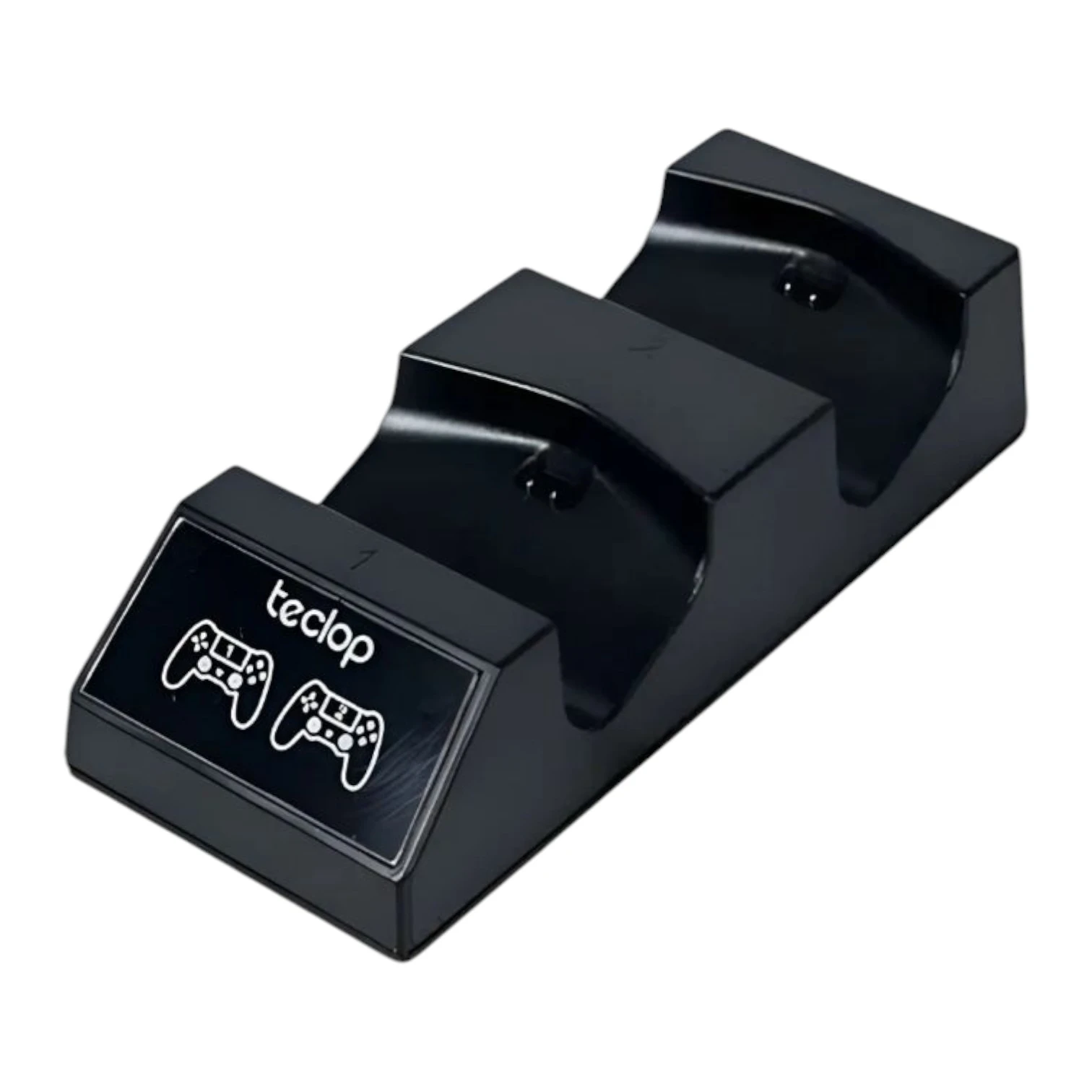 Base cargador doble negro para controles PlayStation 4, con dos ranuras de carga y logo de la marca en la parte frontal.