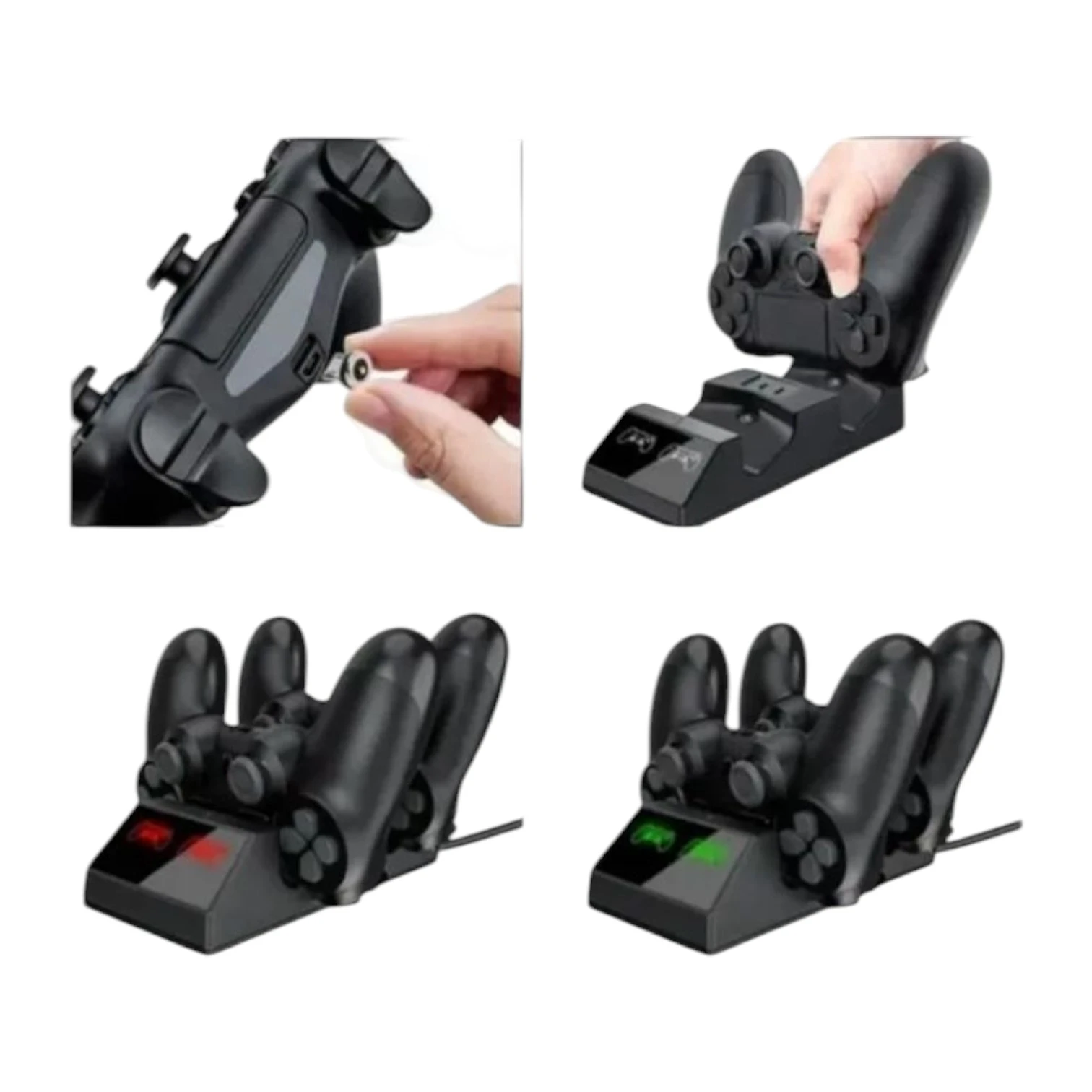 Base cargador doble para control PS4 en negro, con luces LED rojas y verdes indicando carga. Incluye soporte para dos mandos, conexión USB y detalles de montaje.