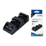 Base cargador doble negro para control PS4, con dos ranuras y logotipo Teclop en frontal.