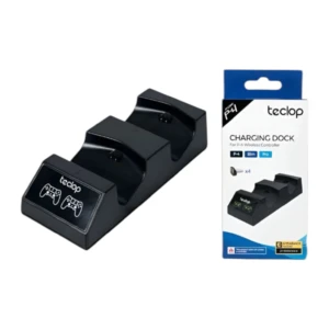 Base cargador doble negro para control PS4, con dos ranuras y logotipo Teclop en frontal.