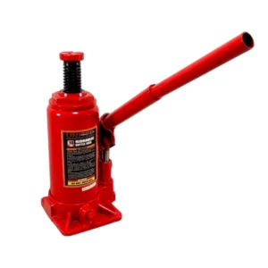 Gato hidráulico tipo botella de 10 toneladas, color rojo brillante, con mango largo y base estable, diseñado para levantar vehículos pesados con precisión y seguridad.