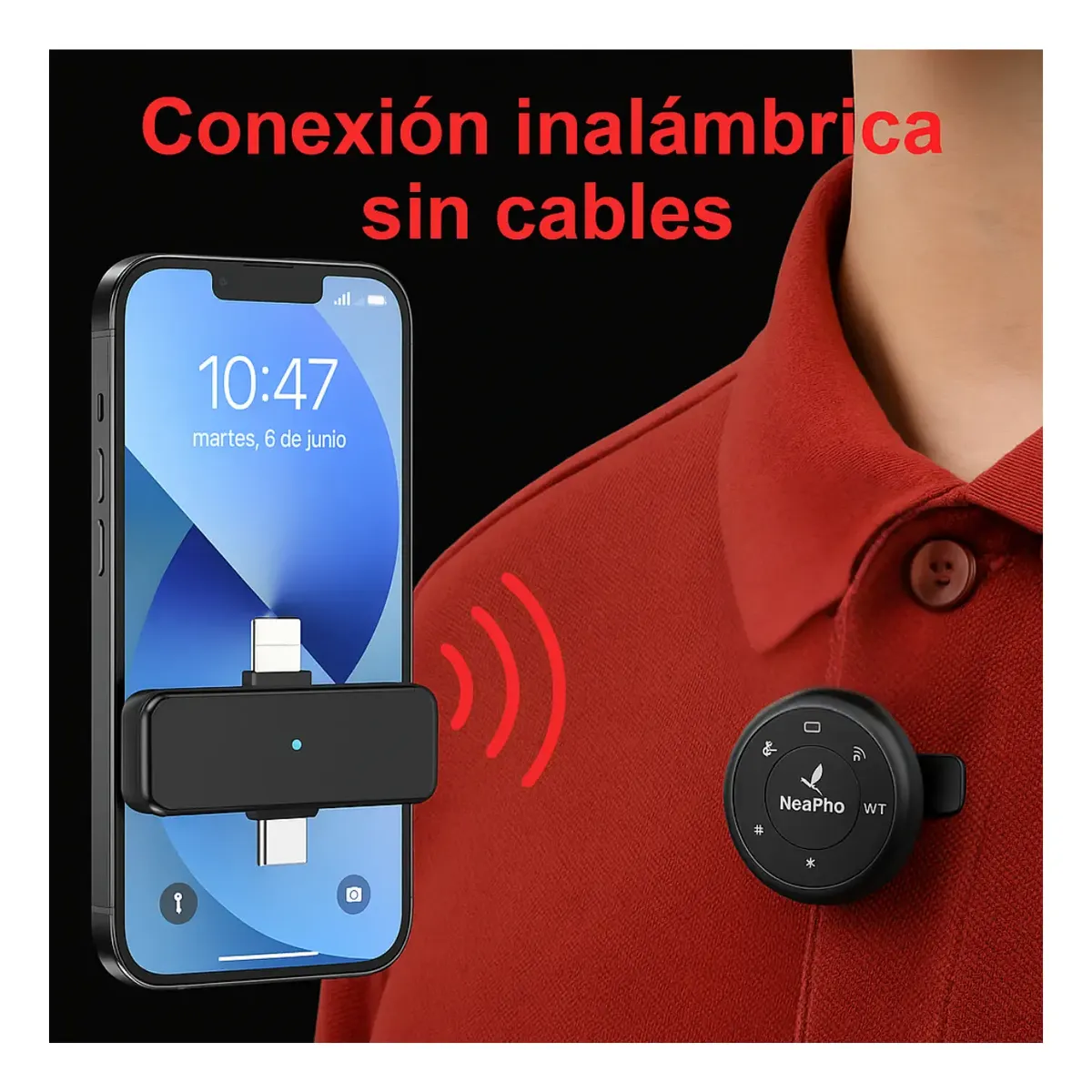 Micrófono de solapa inalámbrico Neepho NP-57 en color negro, conectado a un iPhone mediante adaptador Lightning. Se muestra fijado a la solapa de una camisa roja, con señal de transmisión inalámbrica visible.