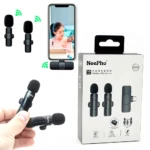 Pack de micrófonos inalámbricos NeePho N8 Plus con cable USB-C, mostrando dos unidades negras en mano, caja de venta y demostración de uso con smartphone.