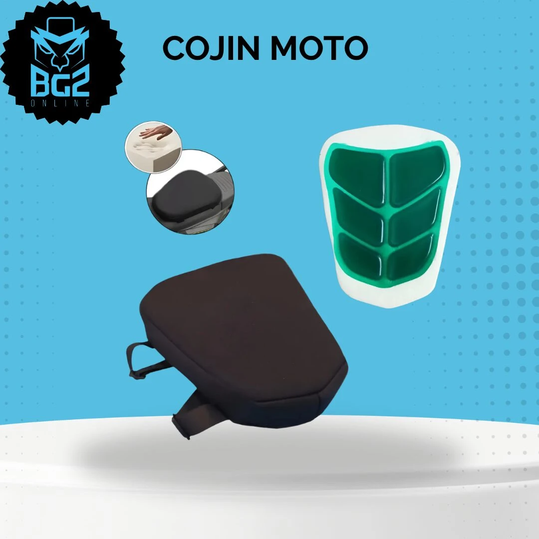 Cojín ergonómico para moto en color negro con base de gel verde y espuma viscoelástica, diseñado para aliviar la fatiga lumbar en viajes largos.