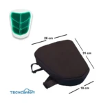 Cojín ergonómico negro con gel verde y espuma viscoelástica, mide 26 x 31 x 18 cm, incluye asa de transporte.