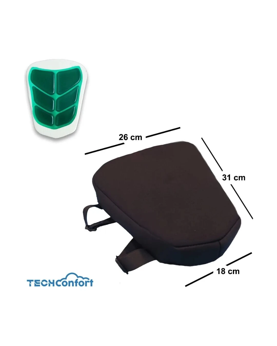 Cojín ergonómico negro con gel verde y espuma viscoelástica, mide 26 x 31 x 18 cm, incluye asa de transporte.