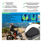 Cojín ergonómico negro para moto con espuma viscoelástica y gel, mostrando comparación térmica sin y con cojín, y uso en motociclista sobre carretera.