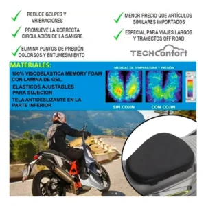 Cojín ergonómico negro para moto con espuma viscoelástica y gel, mostrando comparación térmica sin y con cojín, y uso en motociclista sobre carretera.