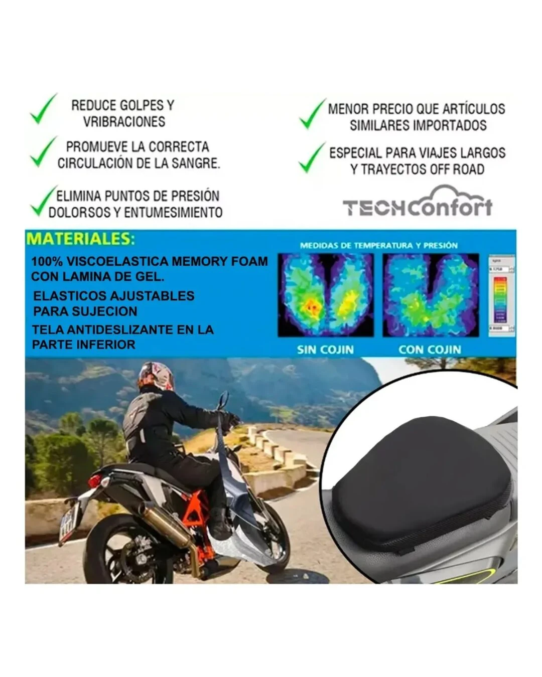 Cojín ergonómico negro para moto con espuma viscoelástica y gel, mostrando comparación térmica sin y con cojín, y uso en motociclista sobre carretera.