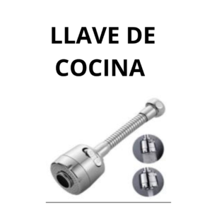 Llave de cocina con extensión flexible en acabado cromado, vista lateral con detalles de conexión y boquilla ajustable.