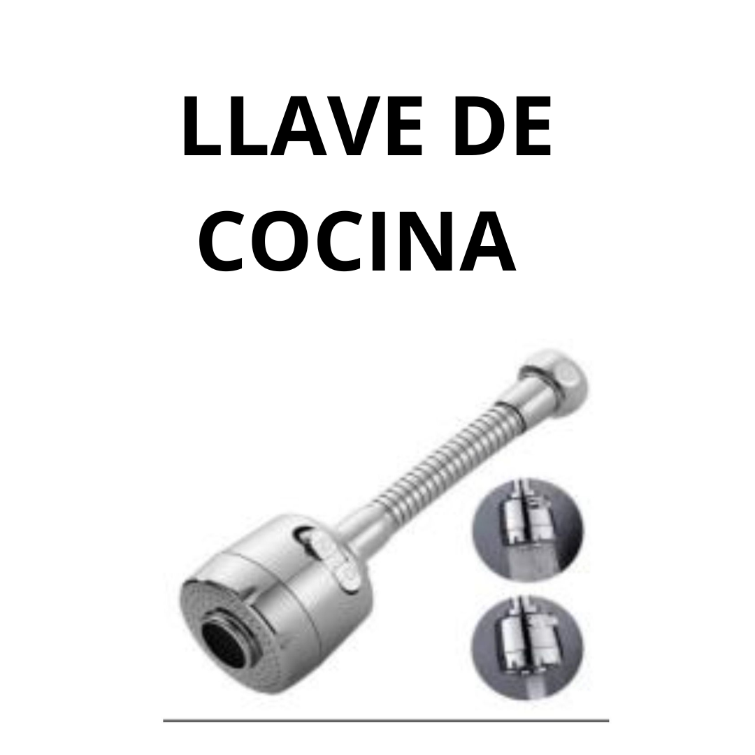 Llave de cocina con extensión flexible en acabado cromado, vista lateral con detalles de conexión y boquilla ajustable.