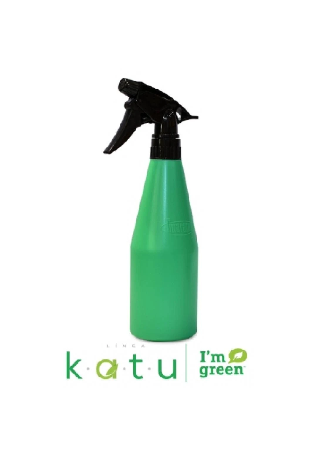 Pulverizadora de gatillo verde con boquilla negra, modelo Katu I'm Green, ideal para riego de plantas.