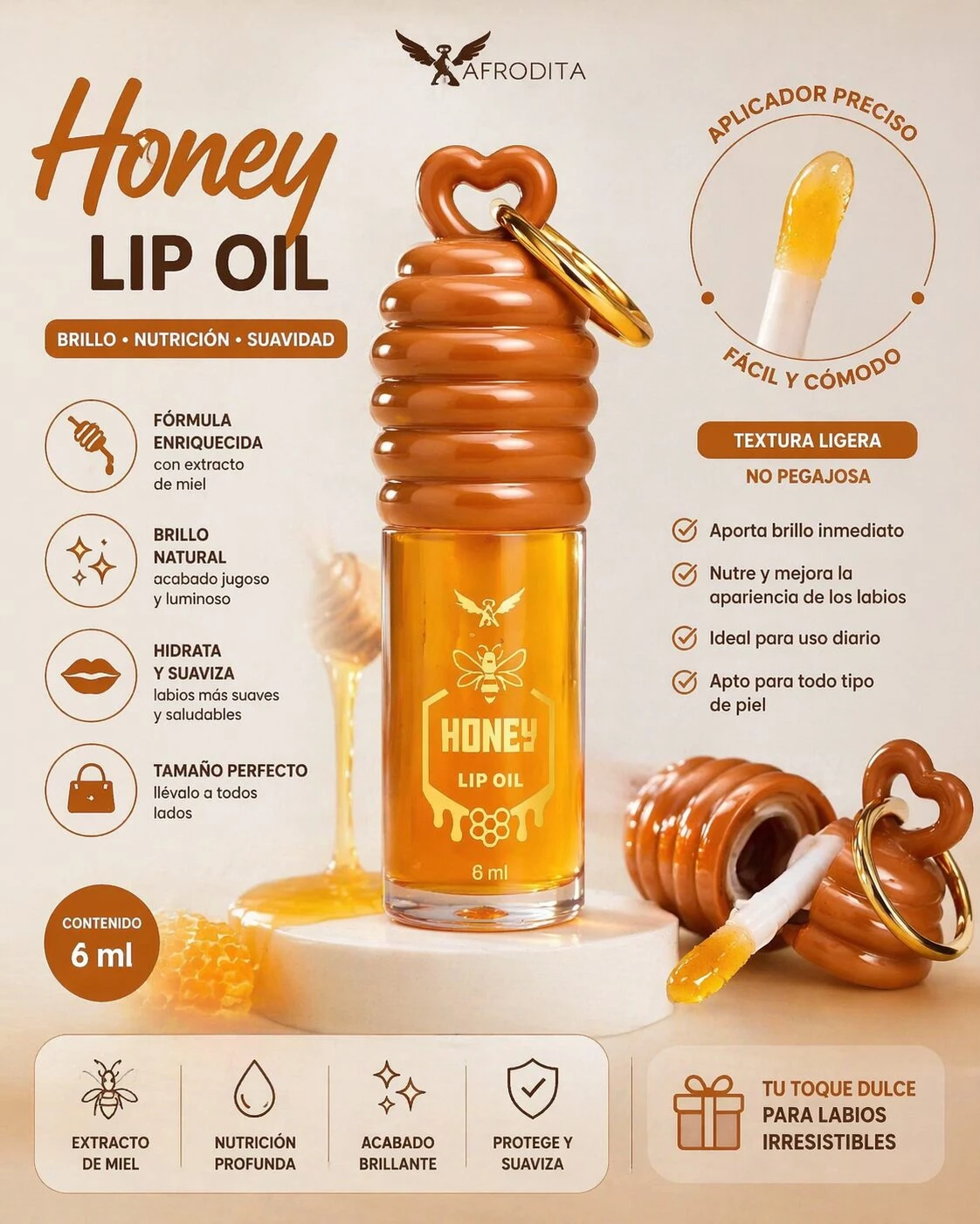 Aceite labial Afrodita Miel en frasco de vidrio con tapa espiralada dorada, aplicador de silicona visible y etiqueta que indica 6 ml. Incluye ilustraciones de textura ligera, brillo natural y fórmula enriquecida con extracto de miel.