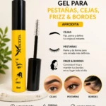 Tubo amarillo de 16 ml del gel Afrodita para cejas, pestañas y frizz, con aplicador abierto y detalles de uso en rostro y cabello.