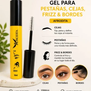 Tubo amarillo de 16 ml del gel Afrodita para cejas, pestañas y frizz, con aplicador abierto y detalles de uso en rostro y cabello.