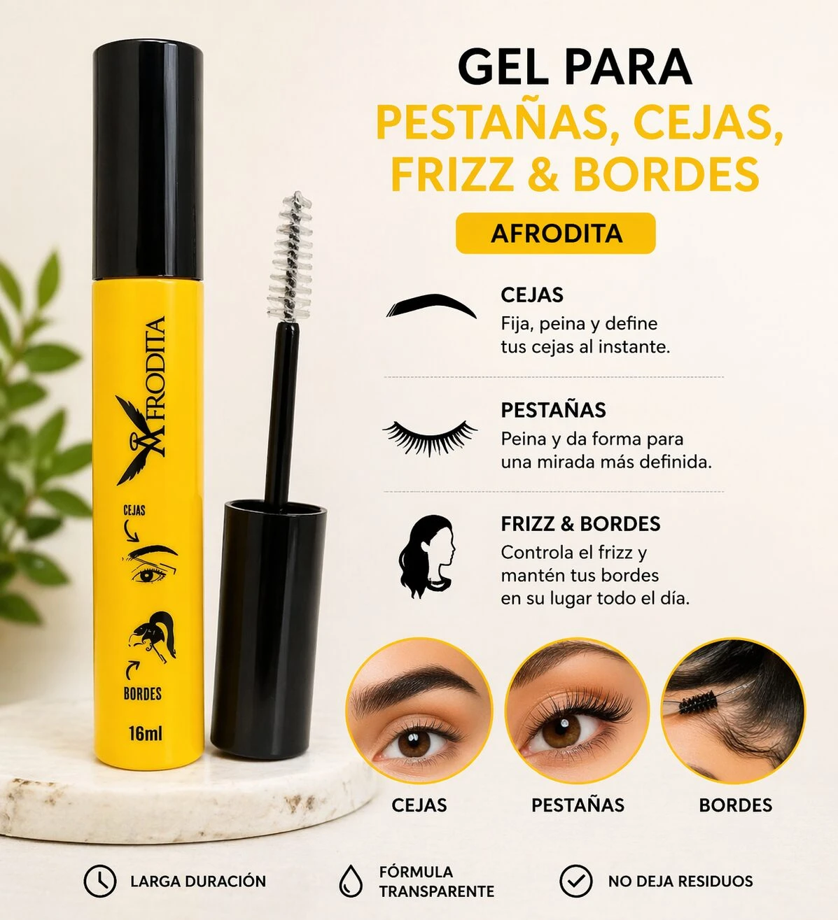 Tubo amarillo de 16 ml del gel Afrodita para cejas, pestañas y frizz, con aplicador abierto y detalles de uso en rostro y cabello.