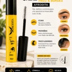 Gel para cejas, pestañas y frizz Afrodita en tubo amarillo con aplicador de cerdas, 16 ml. Muestra de producto con detalles de uso en cejas, pestañas y bordes.