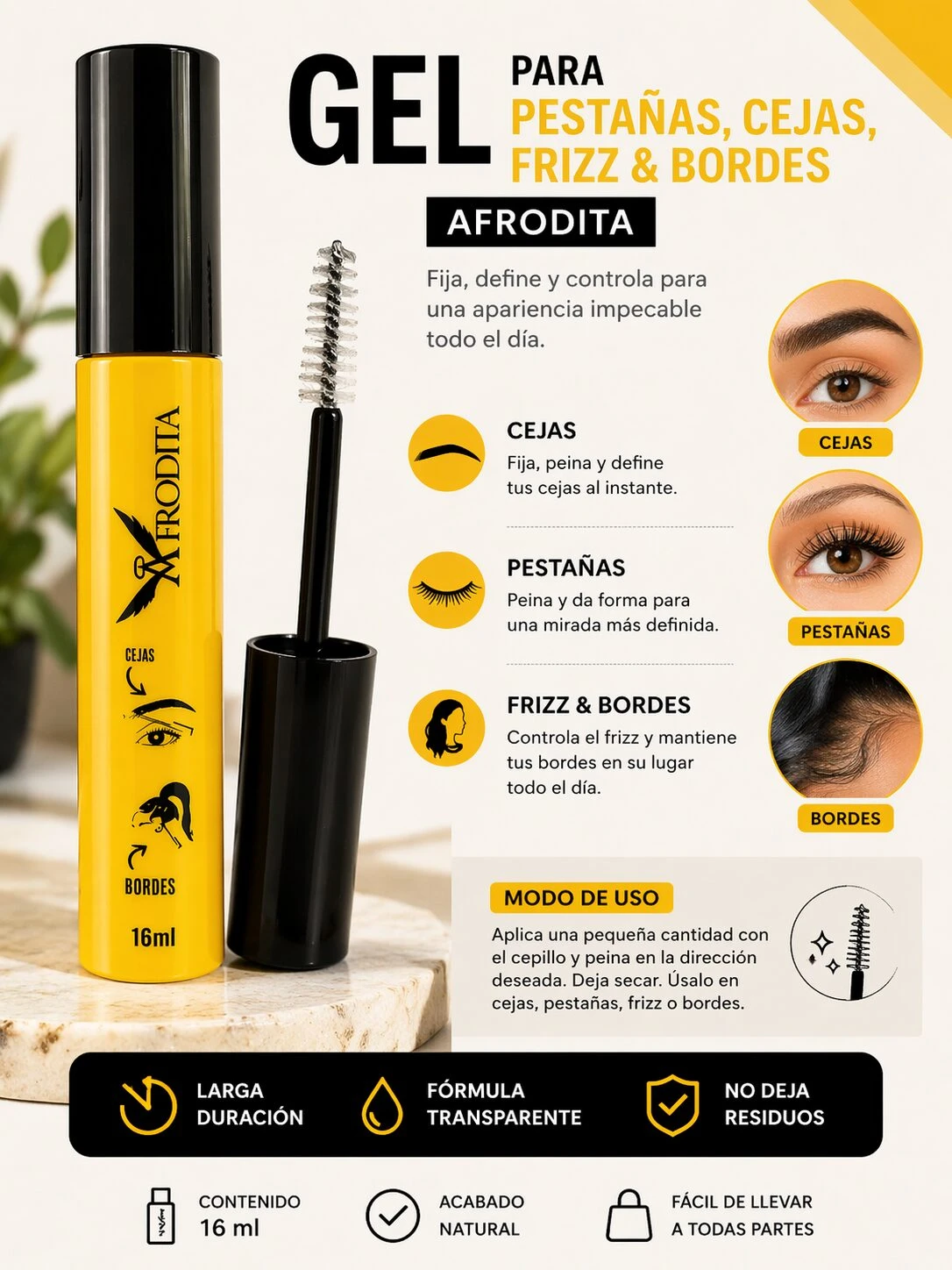 Gel para cejas, pestañas y frizz Afrodita en tubo amarillo con aplicador de cerdas, 16 ml. Muestra de producto con detalles de uso en cejas, pestañas y bordes.