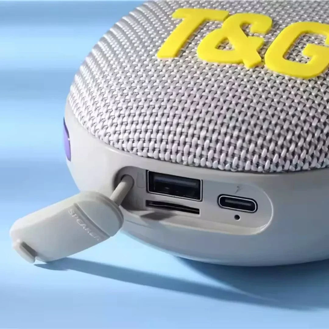 Parlante Bluetooth recargable gris con malla texturizada, asa integrada y puertos USB visibles en lateral.