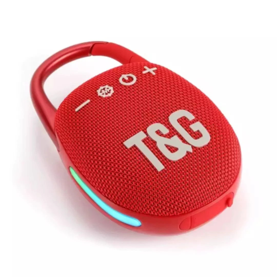 Parlante Bluetooth recargable rojo con luces LED, asa integrada y controles táctiles visibles en superficie texturizada.
